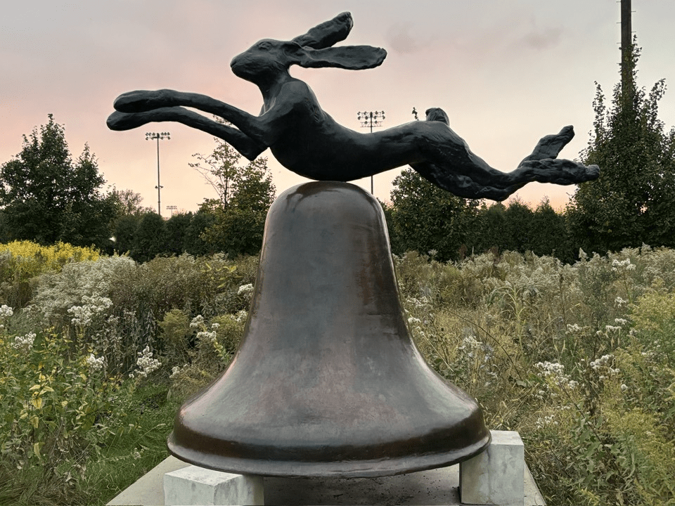 Hare on Bell on Portland Stone Piers, a sculpture of a hare on a bell from the Minneapolis Sculpture Garden