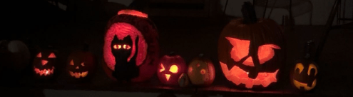 7 jack-o-lanterns sitting in a row, lit up with candles