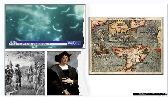 a slide with an image of Columbus, native Americans greeting white colonizers, a not-quite-right early map of the New World, and syphilis